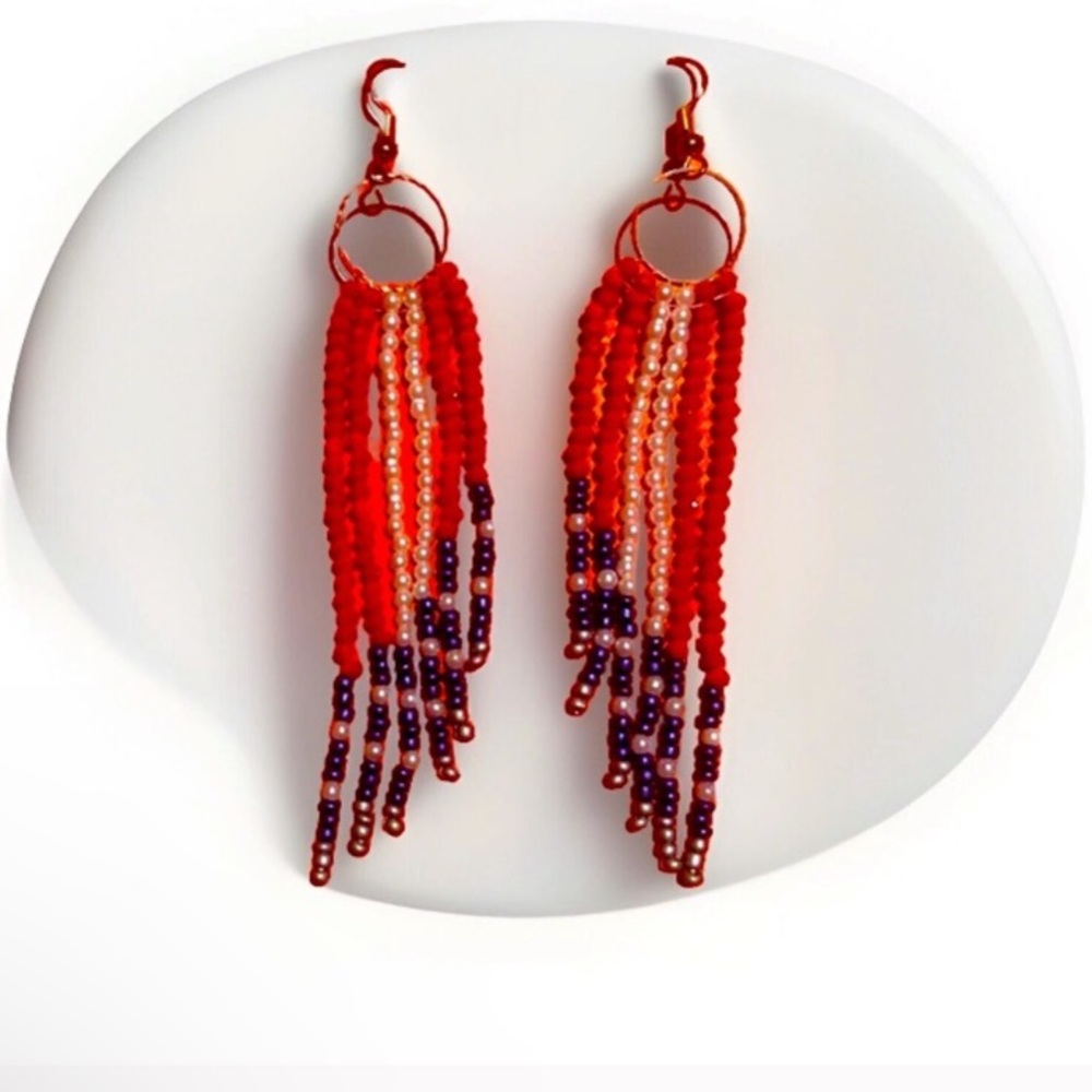 Red White Blue Bead Tassel Earrings Celebration Summer Fringe American Flag NEW
